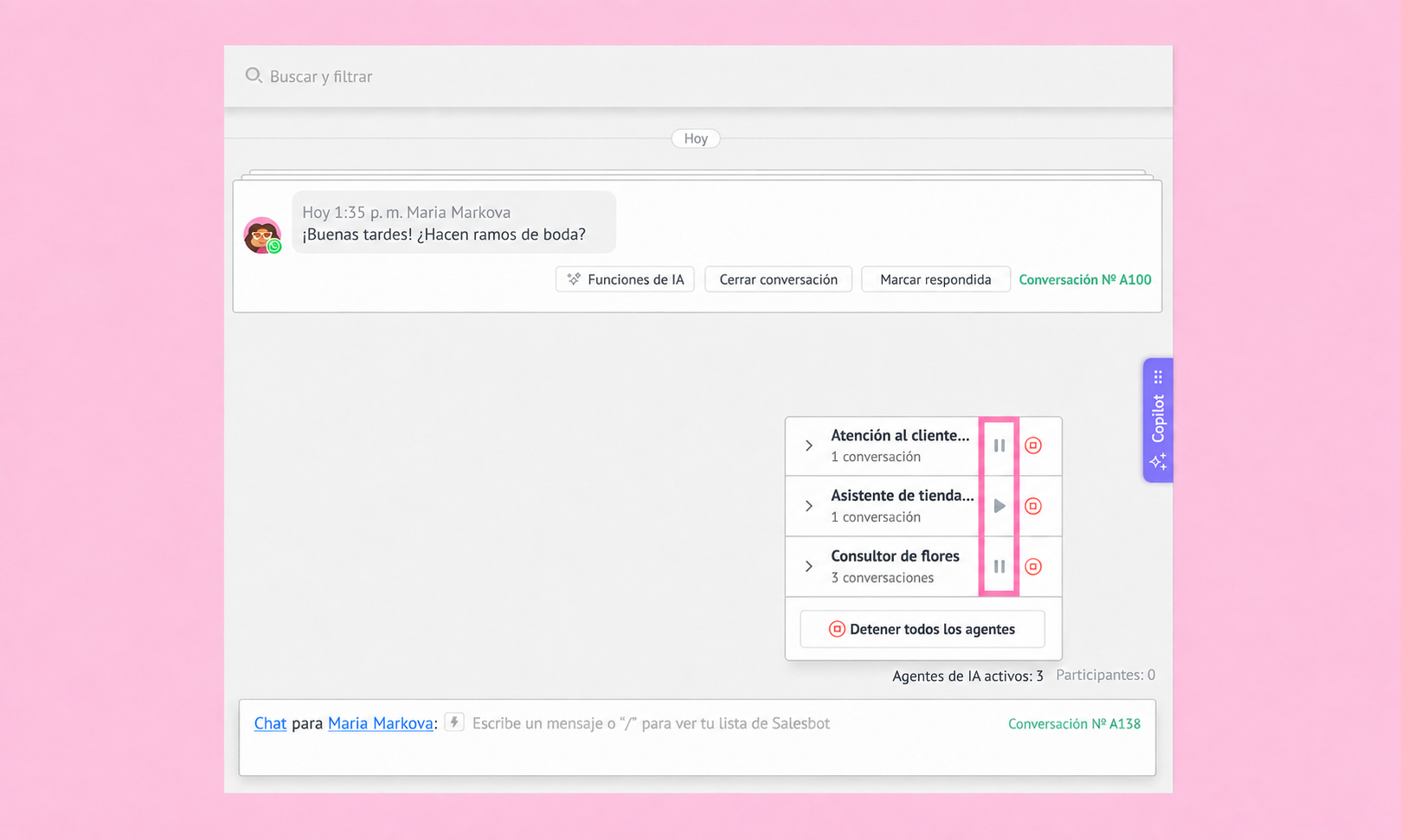 Chat interface showing customer inquiries and agent options for floral arrangements.